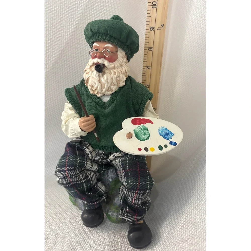 Musical Artist Santa Claus Figurine Painter with Palette Plaid Pants 10 Inch
